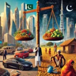 a split-screen image showing inequality in Pakistan: one side shows a modern city with tall buildings, luxury cars, and professionals, while the other shows a rural village with mud houses, children carrying water, and a farmer in dry fields. A titled scale in the background symbolizes the imbalance. The title "Beyond Economics: Unpacking the Roots of Inequality in Pakistan" stands out, with "Contropulse" written in small font at the bottom corner.