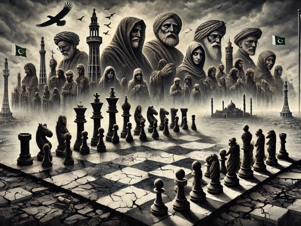 A chessboard showing Pakistan's politics, where tired pawns stand for common people, and tall shadowy pieces show powerful leaders, all under a stormy sky.