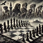 A chessboard showing Pakistan's politics, where tired pawns stand for common people, and tall shadowy pieces show powerful leaders, all under a stormy sky.