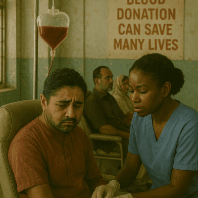 A young Pakistani woman is sitting in a chair at a local government hospital, giving blood. She looks emotional but calm. A nurse is helping her with care. Behind them, there’s a poster on the wall that says, "One blood donation can save many lives." At the bottom, it just says "Contropulse." The place looks simple, and the feeling is serious but full of hope.