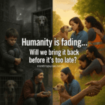 Split-screen image: The left half shows a dark, war-torn scene with a sad child and caged dog, while the right half displays bright, warm moments of people helping each other and showing love to animals. In the center, bold text reads: “Humanity is fading… Will we bring it back before it’s too late?