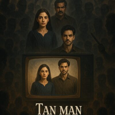 A poster for the drama Tan Man Neelo Neel shows a man and woman on an old TV screen, glowing with soft light. Around the TV, a crowd of angry, shadowy people is shown, creating a dark and chaotic scene.