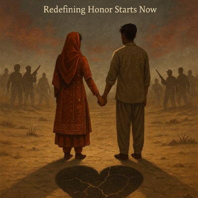 A symbolic digital illustration of a Baloch couple standing in a desert, holding hands with heart-shaped cracked shadows, while armed villagers appear in the background, representing honor killings in Balochistan.
