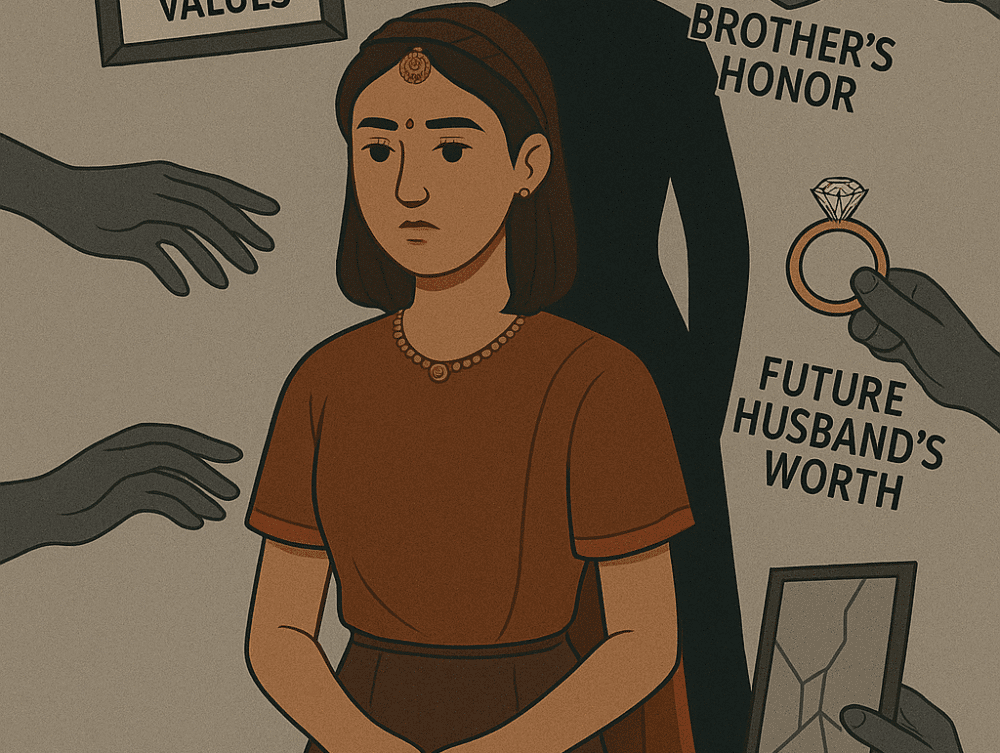 A digital illustration highlighting the cost of being a good girl in Pakistani society. A young Pakistani woman stands in the center, her expression distant. Grey, ghostly hands labeled "parents' values," "brother’s honor," and "future husband’s worth" reach out to pull her in different directions. Behind her, a shadow holds a shattered mirror, symbolizing her lost identity. The muted background and spotlight on the woman emphasize societal pressure and emotional burden.
