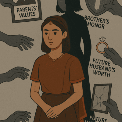 A digital illustration highlighting the cost of being a good girl in Pakistani society. A young Pakistani woman stands in the center, her expression distant. Grey, ghostly hands labeled "parents' values," "brother’s honor," and "future husband’s worth" reach out to pull her in different directions. Behind her, a shadow holds a shattered mirror, symbolizing her lost identity. The muted background and spotlight on the woman emphasize societal pressure and emotional burden.