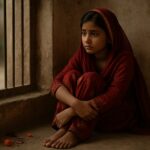 A young South Asian Hindu girl in traditional red clothing sits alone beside a barred window, looking out with a solemn expression.