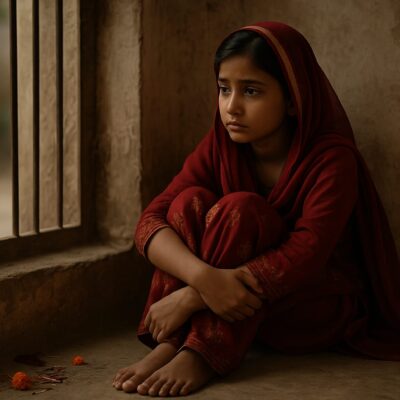 A young South Asian Hindu girl in traditional red clothing sits alone beside a barred window, looking out with a solemn expression.