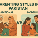 Illustration comparing parenting styles in Pakistan, showing a traditional family with elders guiding a child on one side and a modern urban family with parents and a child on the other, highlighting the contrast between traditional and modern approaches.