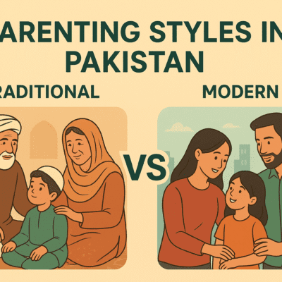 Illustration comparing parenting styles in Pakistan, showing a traditional family with elders guiding a child on one side and a modern urban family with parents and a child on the other, highlighting the contrast between traditional and modern approaches.