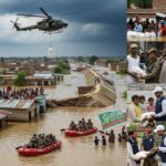 Floods in Pakistan submerging villages; families stranded on rooftops, rescue boats and helicopters providing aid, while community volunteers distribute food, highlighting both human resilience and governance failures.