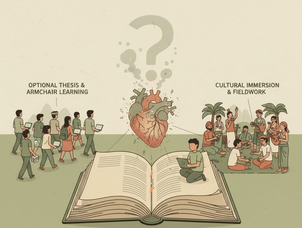 A symbolic illustration of a large open book with a fading human heart dissolving above its pages. On the left, students walk away holding laptops, symbolizing optional thesis and 'armchair' learning. On the right, students are immersed in a vibrant cultural fieldwork setting, observing and writing, representing anthropology's traditional roots.