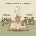 A symbolic illustration of a large open book with a fading human heart dissolving above its pages. On the left, students walk away holding laptops, symbolizing optional thesis and 'armchair' learning. On the right, students are immersed in a vibrant cultural fieldwork setting, observing and writing, representing anthropology's traditional roots.