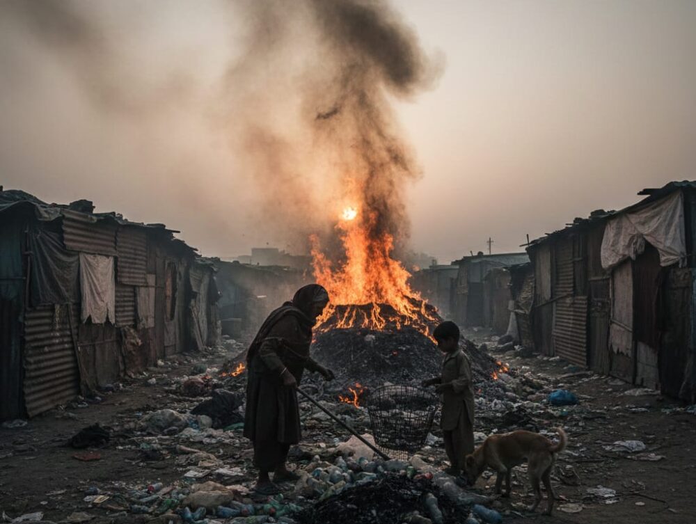 A wide, documentary-style shot at sunrise in Rawalpindi shows an impoverished slum area. In the center, a large heap of trash is aggressively burning, sending thick, dark smoke high into the hazy, orange-lit sky.